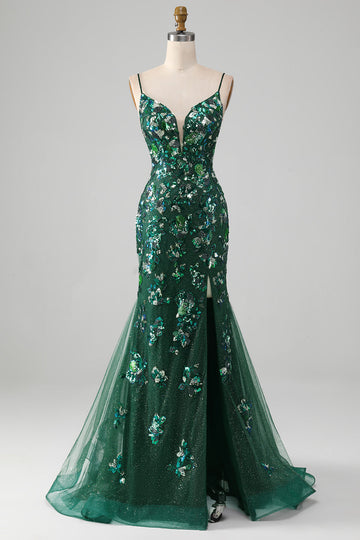 Mermaid Lace-Up Back Dark Green Formal Dress with Appliques